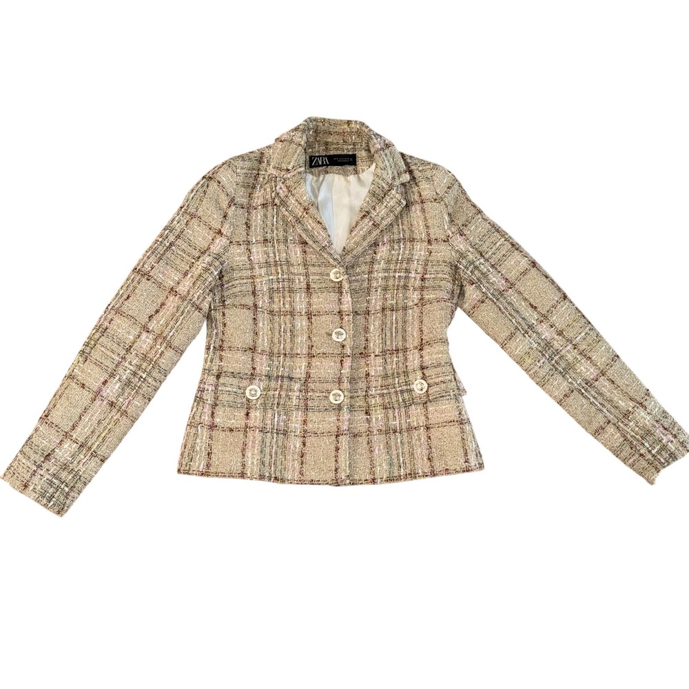Zara Tweed Plaid Blazer Jacket XS Metallic Gold Buttons Quiet Luxury - Picture 4 of 9